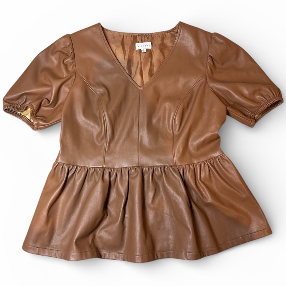 KIT + SKY Brown Faux Leather Peplum Blouse Large